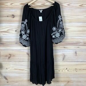 Cato Casablanca Dress Women XL Black White Embroidered Puff Sleeve Tiered Boho